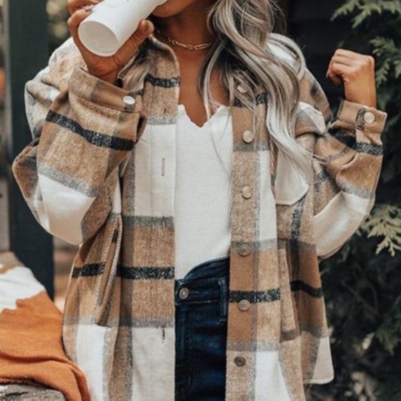 Khaki plaid oversized plaid flannel shirt shachet jacket - Picture 5 of 8